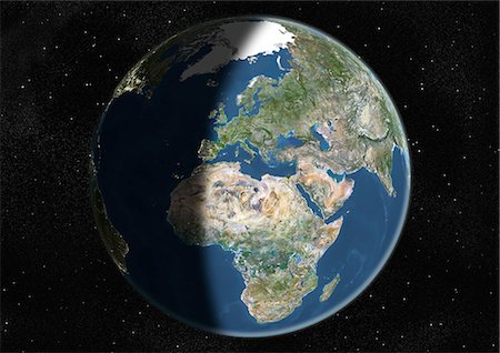 Globe Centred On Europe And Africa, True Colour Satellite Image. True colour satellite image of the Earth centred on Europe and Africa, at the equinox at 6 a.m GMT. This image in orthographic projection was compiled from data acquired by LANDSAT 5 & 7 satellites. Stock Photo - Rights-Managed, Code: 872-06053708