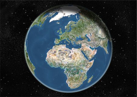 Globe Centred On Europe And Africa, True Colour Satellite Image. True colour satellite image of the Earth centred on Europe and Africa, at the equinox at 12 a.m GMT. This image in orthographic projection was compiled from data acquired by LANDSAT 5 & 7 satellites. Stock Photo - Rights-Managed, Code: 872-06053710