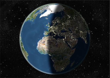 Globe Centred On Europe And Africa, True Colour Satellite Image. True colour satellite image of the Earth centred on Europe and Africa, at the equinox at 6 p.m GMT. This image in orthographic projection was compiled from data acquired by LANDSAT 5 & 7 satellites. Stock Photo - Rights-Managed, Code: 872-06053712