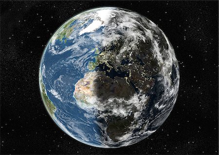 Globe Centred On Europe And Africa, True Colour Satellite Image. True colour satellite image of the Earth centred on Europe and Africa with cloud coverage, at the equinox at 6 p.m GMT. This image in orthographic projection was compiled from data acquired by LANDSAT 5 & 7 satellites. Stock Photo - Rights-Managed, Code: 872-06053713