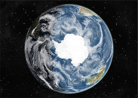 Globe Centred On The South Pole, True Colour Satellite Image. True colour satellite image of the Earth centred on the South Pole with cloud coverage, during winter solstice at 6 a.m GMT. This image in orthographic projection was compiled from data acquired by LANDSAT 5 & 7 satellites. Stock Photo - Rights-Managed, Code: 872-06053749