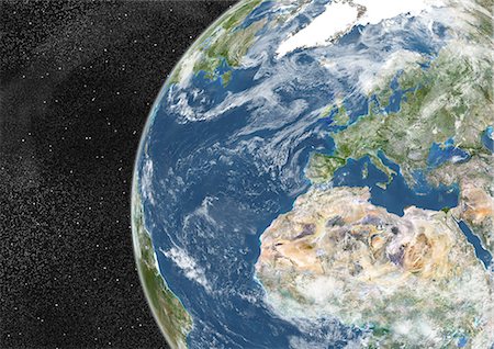 Globe Showing Europe And Northern Africa, True Colour Satellite Image. True colour satellite image of the Earth showing Europe and Northern Africa, with cloud coverage. This image in orthographic projection was compiled from data acquired by LANDSAT 5 & 7 satellites. Stock Photo - Rights-Managed, Code: 872-06053764