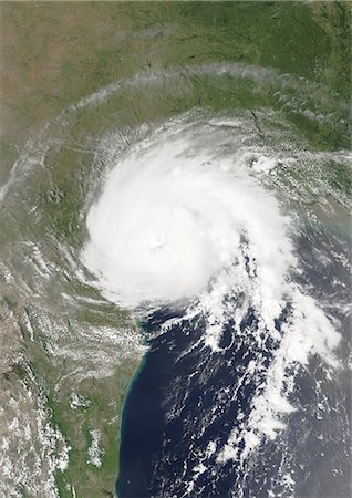 Hurricane Claudette, Texas, Us, In 2003, True Colour Satellite Image. Hurricane Claudette on 15 July 2003 at Matagorda Bay on the middle Texas coast, US. True-colour satellite image using MODIS data. Stock Photo - Rights-Managed, Code: 872-06053830