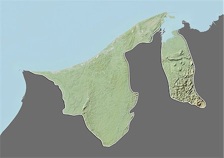 Relief map of Brunei (with border and mask). This image was compiled from data acquired by landsat 5 & 7 satellites combined with elevation data. Stock Photo - Rights-Managed, Code: 872-06160258