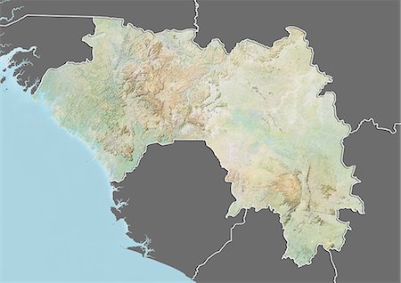 simsearch:872-06054589,k - Relief map of Guinea (with border and mask). This image was compiled from data acquired by landsat 5 & 7 satellites combined with elevation data. Foto de stock - Con derechos protegidos, Código: 872-06160295