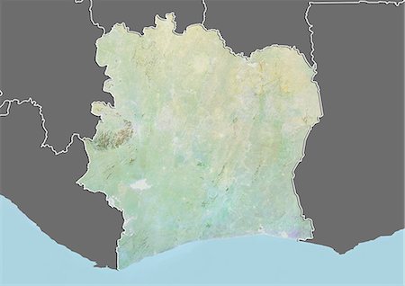simsearch:872-06054589,k - Relief map of Ivory Coast (with border and mask). This image was compiled from data acquired by landsat 5 & 7 satellites combined with elevation data. Foto de stock - Con derechos protegidos, Código: 872-06160309