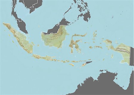 Relief map of Indonesia (with border and mask). This image was compiled from data acquired by landsat 5 & 7 satellites combined with elevation data. Stock Photo - Rights-Managed, Code: 872-06160303