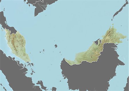 Relief map of Malaysia (with border and mask). This image was compiled from data acquired by landsat 5 & 7 satellites combined with elevation data. Stock Photo - Rights-Managed, Code: 872-06160327