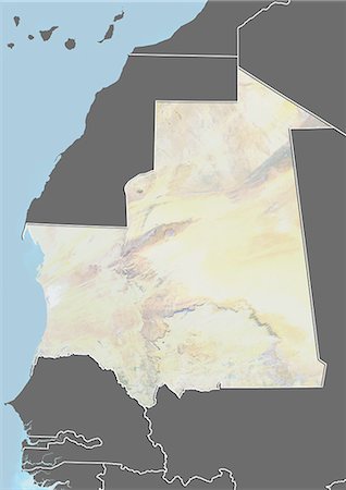 simsearch:872-06054589,k - Relief map of Mauritania (with border and mask). This image was compiled from data acquired by landsat 5 & 7 satellites combined with elevation data. Foto de stock - Con derechos protegidos, Código: 872-06160329