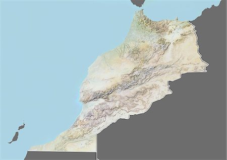 simsearch:872-06054589,k - Relief map of Morocco (with border and mask). This image was compiled from data acquired by landsat 5 & 7 satellites combined with elevation data. Foto de stock - Con derechos protegidos, Código: 872-06160334