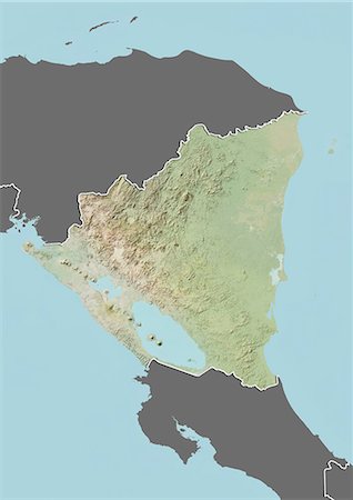 Relief map of Nicaragua (with border and mask). This image was compiled from data acquired by landsat 5 & 7 satellites combined with elevation data. Stock Photo - Rights-Managed, Code: 872-06160340