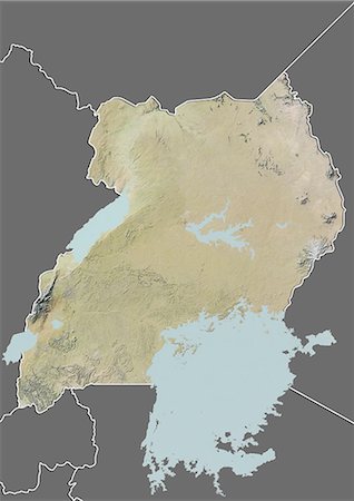Relief map of Uganda (with border and mask). This image was compiled from data acquired by landsat 5 & 7 satellites combined with elevation data. Stock Photo - Rights-Managed, Code: 872-06160382