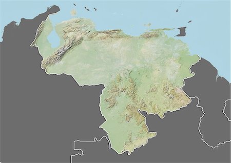 Relief map of Venezuela (with border and mask). This image was compiled from data acquired by landsat 5 & 7 satellites combined with elevation data. Stock Photo - Rights-Managed, Code: 872-06160394