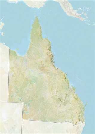 Relief map of the State of Queensland, Australia. This image was compiled from data acquired by LANDSAT 5 & 7 satellites combined with elevation data. Stock Photo - Rights-Managed, Code: 872-06160409