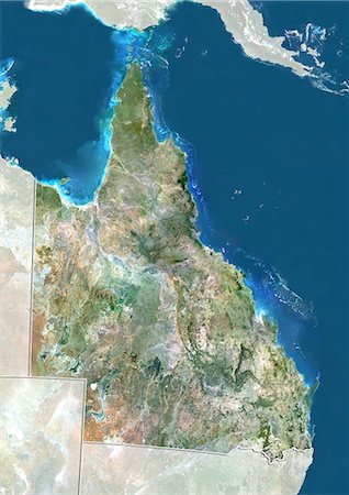 Satellite view of the State of Queensland, Australia. This image was compiled from data acquired by LANDSAT 5 & 7 satellites. Stock Photo - Rights-Managed, Code: 872-06160410
