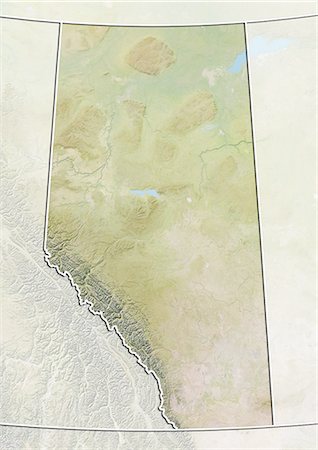 Relief map of Alberta, Canada. This image was compiled from data acquired by LANDSAT 5 & 7 satellites combined with elevation data. Stock Photo - Rights-Managed, Code: 872-06160503