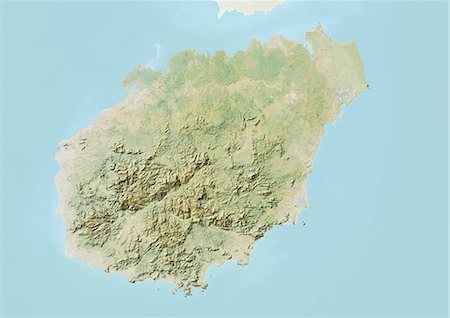 Relief map of the province of Hainan, China. This image was compiled from data acquired by LANDSAT 5 & 7 satellites combined with elevation data. Stock Photo - Rights-Managed, Code: 872-06160556
