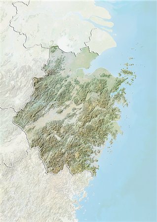 Relief map of the province of Zhejiang, China. This image was compiled from data acquired by LANDSAT 5 & 7 satellites combined with elevation data. Stock Photo - Rights-Managed, Code: 872-06160602