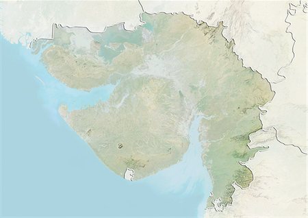 Relief map of the State of Gujarat, India. This image was compiled from data acquired by LANDSAT 5 & 7 satellites combined with elevation data. Stock Photo - Rights-Managed, Code: 872-06160724