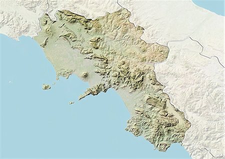 Relief map of the region of Campania, Italy. This image was compiled from data acquired by LANDSAT 5 & 7 satellites combined with elevation data. Stock Photo - Rights-Managed, Code: 872-06160786