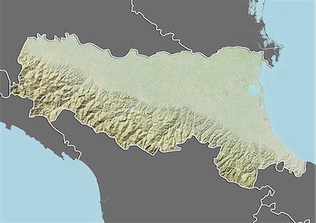 emilia-romagna - Relief map of the region of Emilia Romagna, Italy. This image was compiled from data acquired by LANDSAT 5 & 7 satellites combined with elevation data. Stock Photo - Rights-Managed, Code: 872-06160788