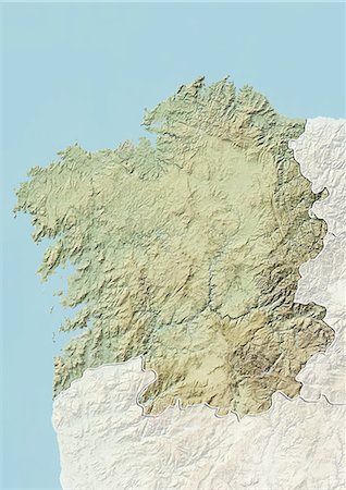 Relief map of Galicia, Spain. This image was compiled from data acquired by LANDSAT 5 & 7 satellites combined with elevation data. Stock Photo - Rights-Managed, Code: 872-06160912