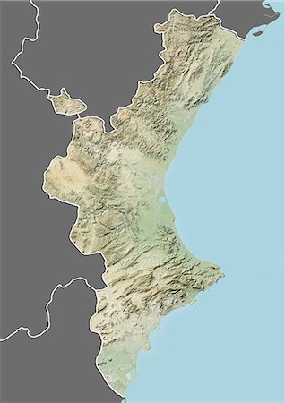 Relief map of Valencia, Spain. This image was compiled from data acquired by LANDSAT 5 & 7 satellites combined with elevation data. Stock Photo - Rights-Managed, Code: 872-06160926