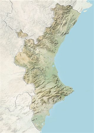 Relief map of Valencia, Spain. This image was compiled from data acquired by LANDSAT 5 & 7 satellites combined with elevation data. Stock Photo - Rights-Managed, Code: 872-06160927