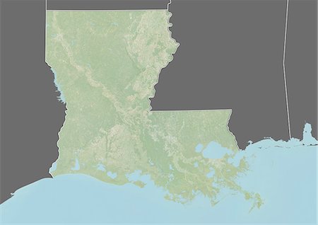 Relief map of the State of Louisiana, United States. This image was taken in 2003 before Hurricane Katrina. It was compiled from data acquired by LANDSAT 7 satellite combined with elevation data. Stock Photo - Rights-Managed, Code: 872-06160992