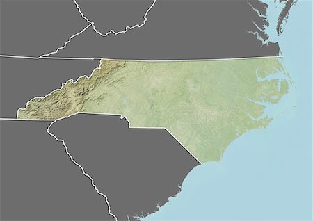 Relief map of the State of North Carolina, United States. This image was compiled from data acquired by LANDSAT 5 & 7 satellites combined with elevation data. Stock Photo - Rights-Managed, Code: 872-06161037