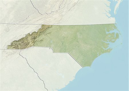 Relief map of the State of North Carolina, United States. This image was compiled from data acquired by LANDSAT 5 & 7 satellites combined with elevation data. Stock Photo - Rights-Managed, Code: 872-06161038