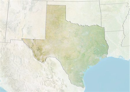 Relief map of the State of Texas, United States. This image was compiled from data acquired by LANDSAT 5 & 7 satellites combined with elevation data. Stock Photo - Rights-Managed, Code: 872-06161068