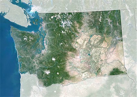 Satellite view of the State of Washington, United States. This image was compiled from data acquired by LANDSAT 5 & 7 satellites. Stock Photo - Rights-Managed, Code: 872-06161081