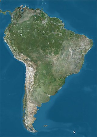 Satellite view of South America. This image was compiled from data acquired by Landsat 7 & 8 satellites. Stock Photo - Rights-Managed, Code: 872-08689471