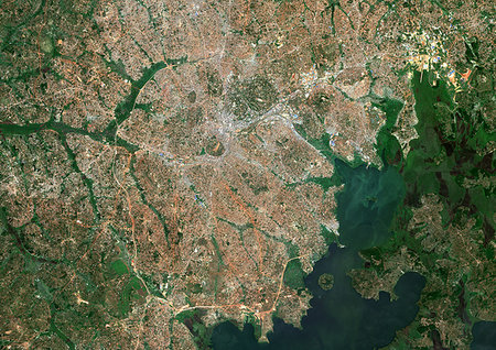 Color satellite image of Kampala, capital city of Uganda. It lies on the northern shore of Lake Victoria. Image collected on January 25, 2017 by Sentinel-2 satellites. Stock Photo - Rights-Managed, Code: 872-09185520