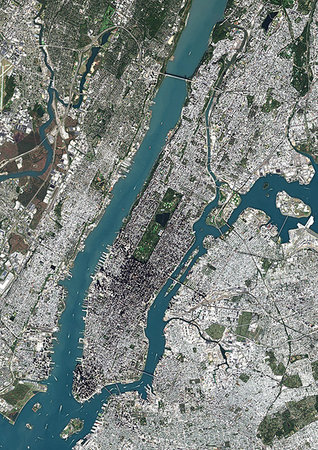 Color satellite image of Manhattan, New York City, New York State, United States. Manhattan is one borough of New York City. It is bound by Hudson River to the west, Harlem River to the north, and East River to the east. Central Park is in the center. Image collected on October 20, 2017 by Sentinel-2 satellites. Stock Photo - Rights-Managed, Code: 872-09185729