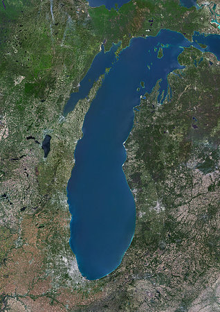 Color satellite image of Lake Michigan, United States. Image collected on May 1, 2016 by Landsat 8 satellite. Stock Photo - Rights-Managed, Code: 872-09185866