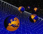 Cinq Globes affichant les Continents du monde avec la grille dans l'espace