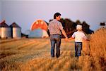 Back View of Father and Son Walking Through Farm Field