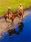 Cowboys on Horses by Stream Douglas Lake Ranch British Columbia, Canada