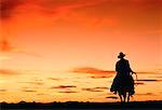 Silhouette de Cowboy sur cheval au coucher du soleil