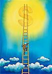 Illustration of Businessman Climbing Ladder to Reach Dollar Sign in Sky