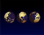 Three Globes Displaying Continents of the World with Grid