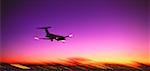 Silhouette of Airplane Landing at Sunset