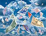International Currency Floating In Sky