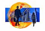 Business Collage with Businessman Businesswoman, Wire Globe and Office Towers