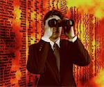 Businessman Using Binoculars in Front of Stock Prices