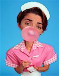 Portrait of Waitress Blowing Bubble Gum