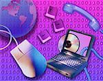 Global Communication Concept with Globe, Laptop, Computer Mouse Compact Disc, Keyboard Keys Phone and Binary Code