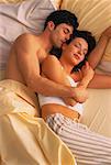 Overhead View of Couple Sleeping In Bed